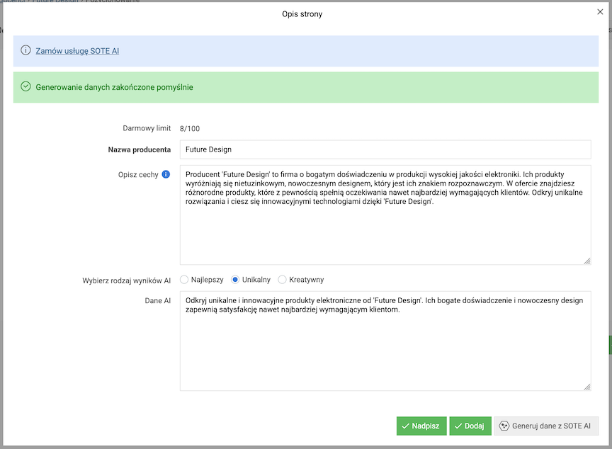 Window with manufacturer meta tags generated by AI