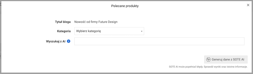 Window for generating recommended products for a blog post with SOTE AI