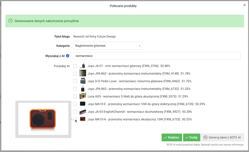 Recommended products suggestions generated by SOTE AI for a blog post