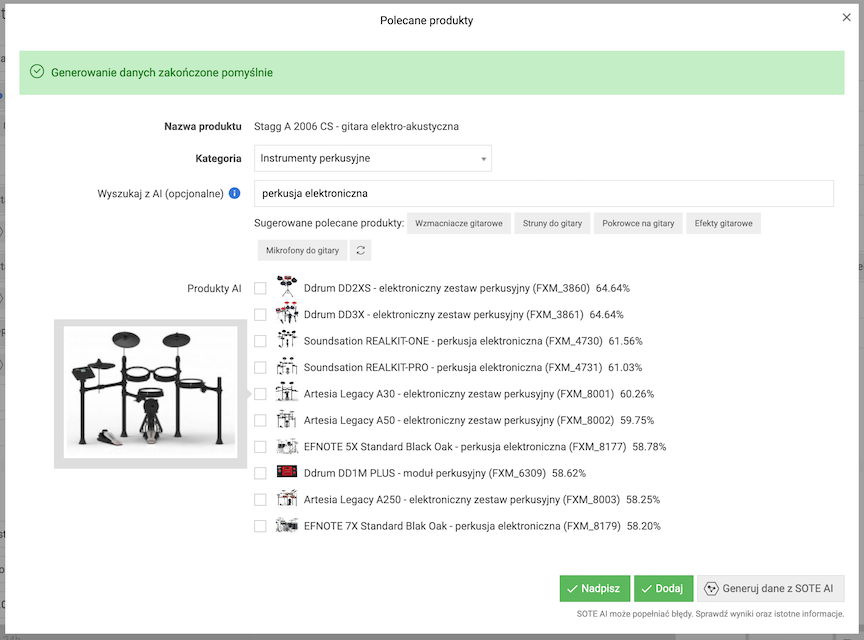 Recommended products suggestions generated by SOTE AI