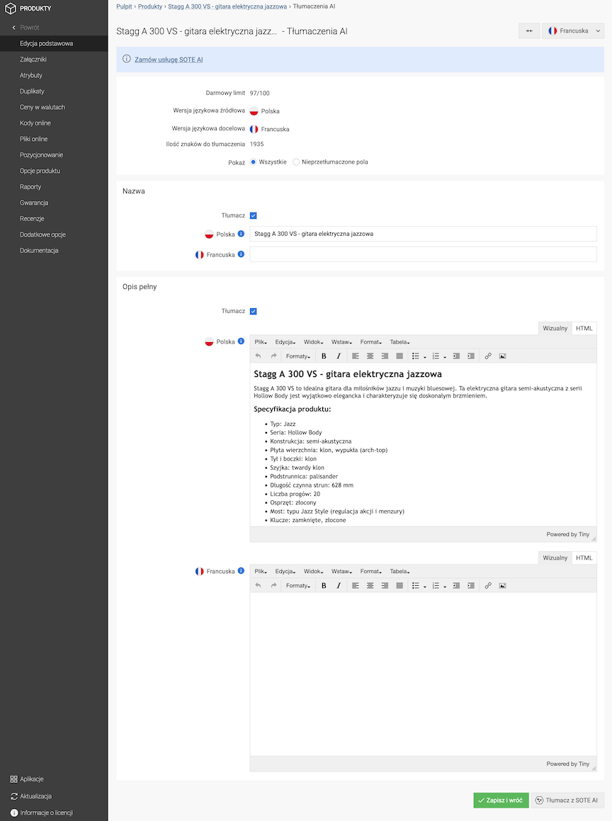 Window for translating product content by AI