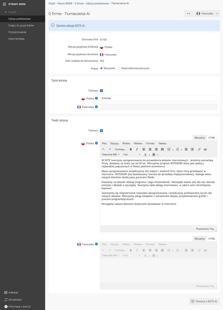 Window for translating website page content by AI